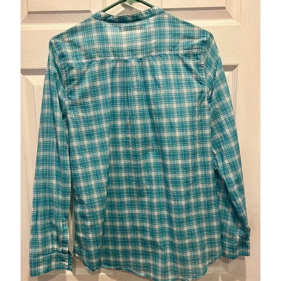 Old Navy‎ Teal White Plaid Ruffle Button Up Round Neck Long Sleeve Blouse Medium - Picture 5 of 8